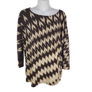 Chico's Womens Top Size 1 Medium Brown Tan 3/4 Sleeve Printed Stretch Round Neck